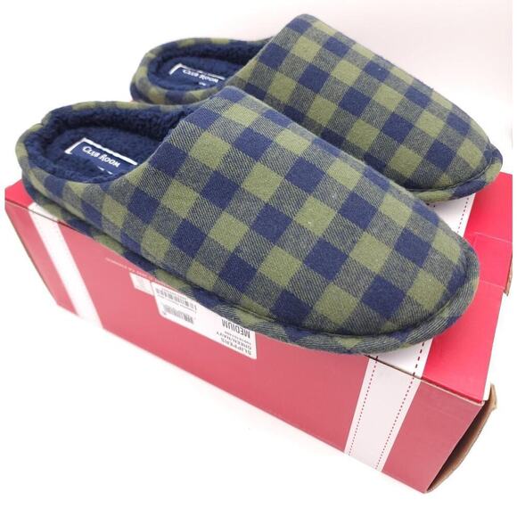 Club Room Men's Fleece-Lined Flannel Slippers Green/Navy Plaid 6-7 Small NEW - Picture 2 of 9